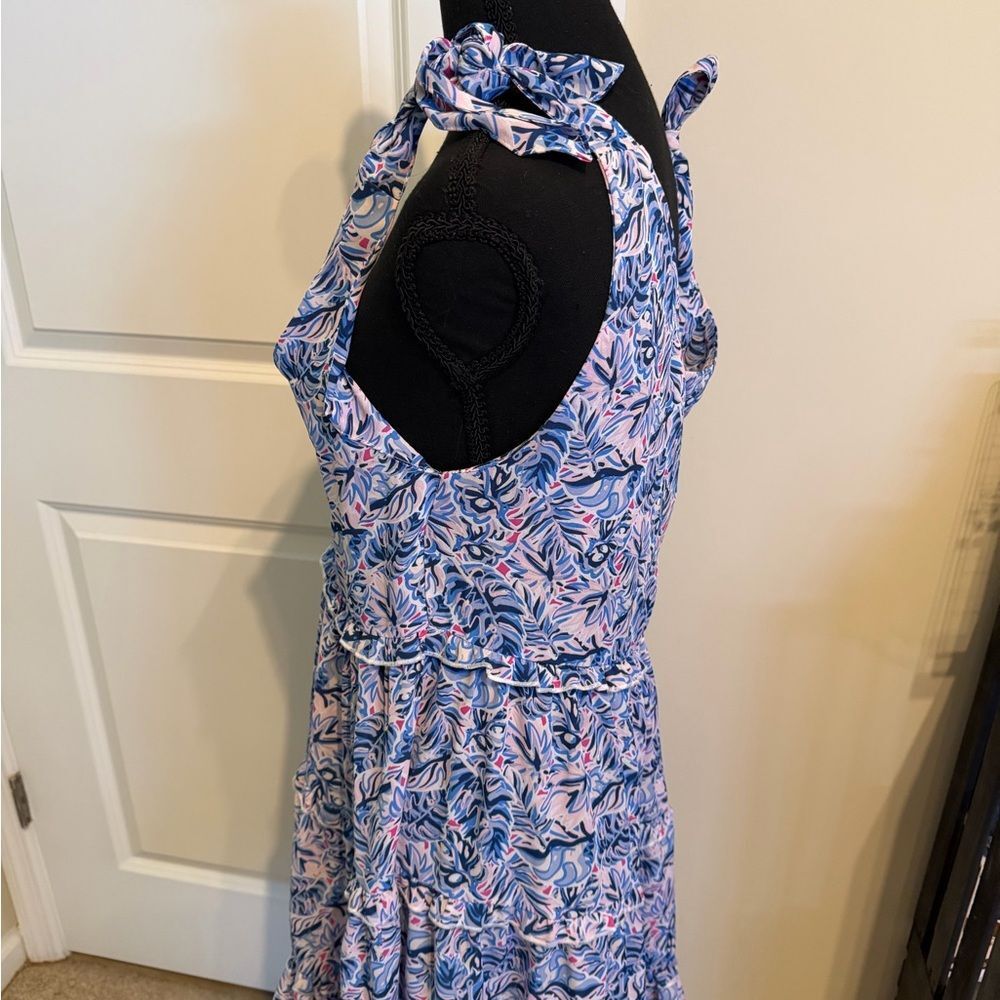 Simply Southern pink blue foral tiered dress ruffle beach v neck babydoll dress - Picture 3 of 10